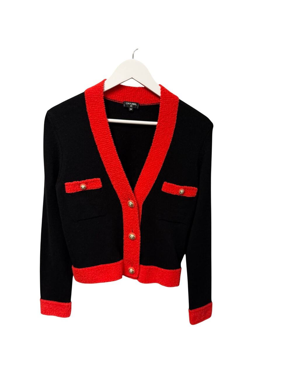 Chanel 2019 Cashmere Wool Button Up Cardigan Black Red Lion Buttons FR 36 / US 4
